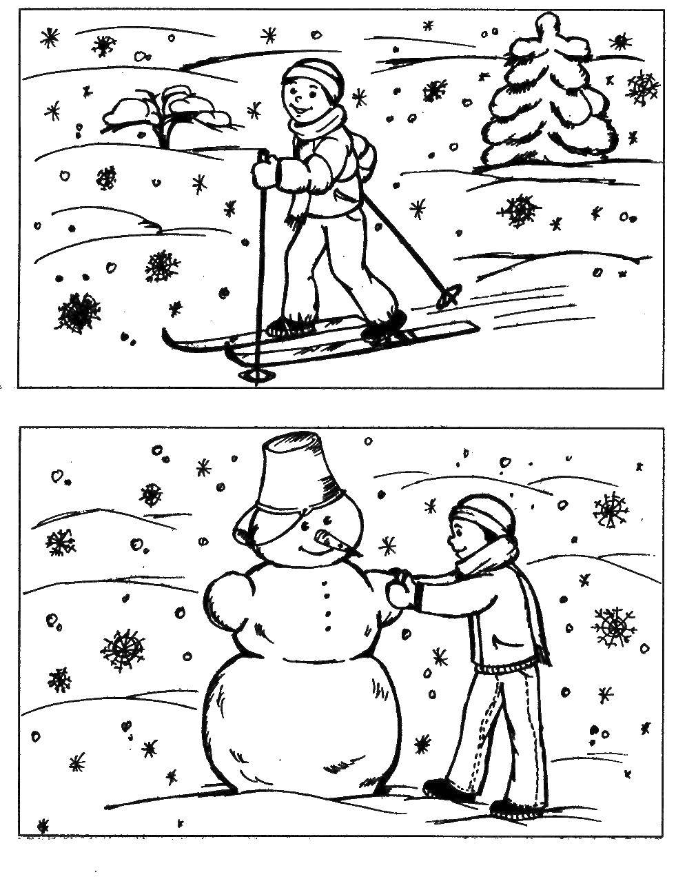Раскраски для детей Зима, зимушка раскраски для школьников  Мальчик катается на лыжах, а затем лепит снеговика