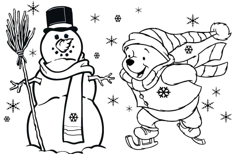 Раскраски из зарубежного мультфильма про Винни Пуха и его друзей для самых маленьких   Снеговик и винни пух на коьках