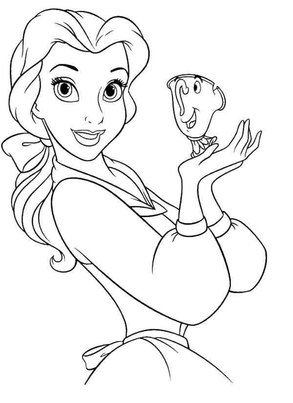Раскраски из мультфильма Красавица и чудовище для детей  Бэлль с кружечкой