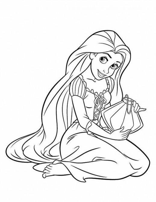 Раскраски для девочек по мультфильму Рапунцель  Длинноволосая рапунцель держит кувшин