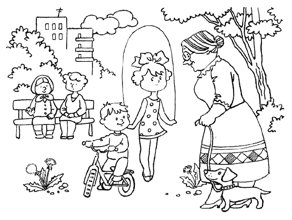 Летние раскраски для детей   Раскраска лето. Бабушка присматривает за детьми которые гуляют во дворе
