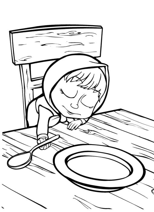 Раскраски для детей про озорную Машу из мультфильма Маша и медведь  маша уснула на столе, маша и каша