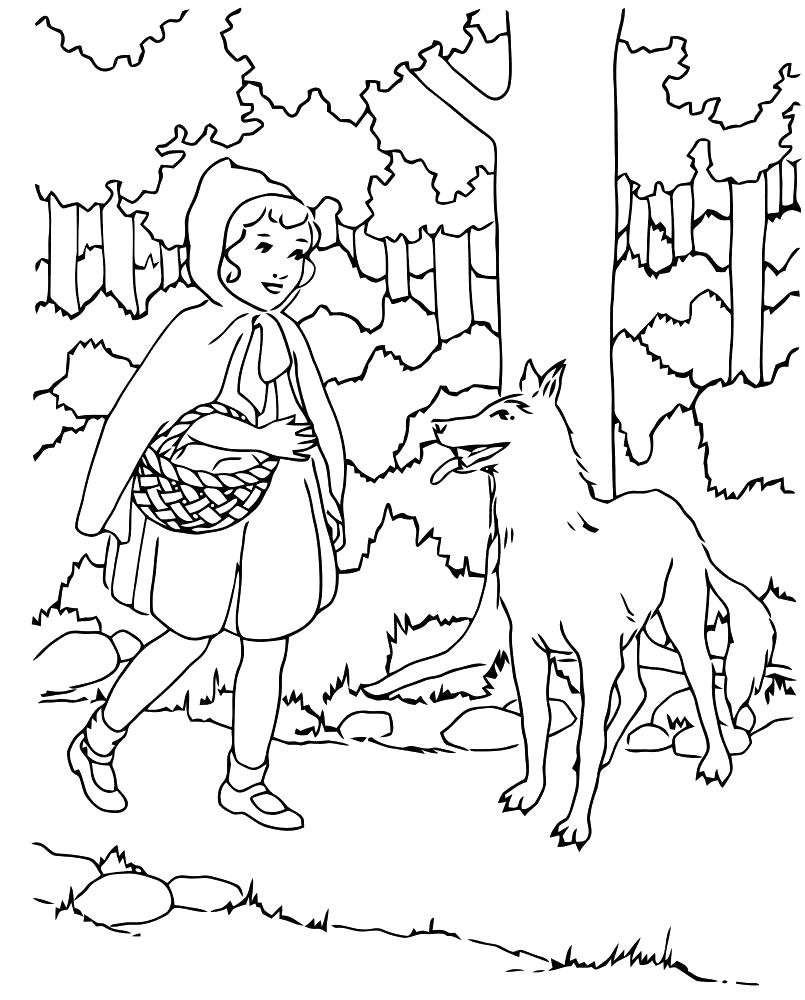 Раскраски для мальчиков и девочек по мультфильму красная шапочка  волк и шапочка в лесу