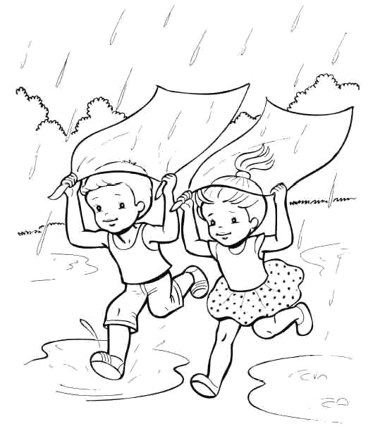 Летние раскраски для детей   дети бегут от дождя