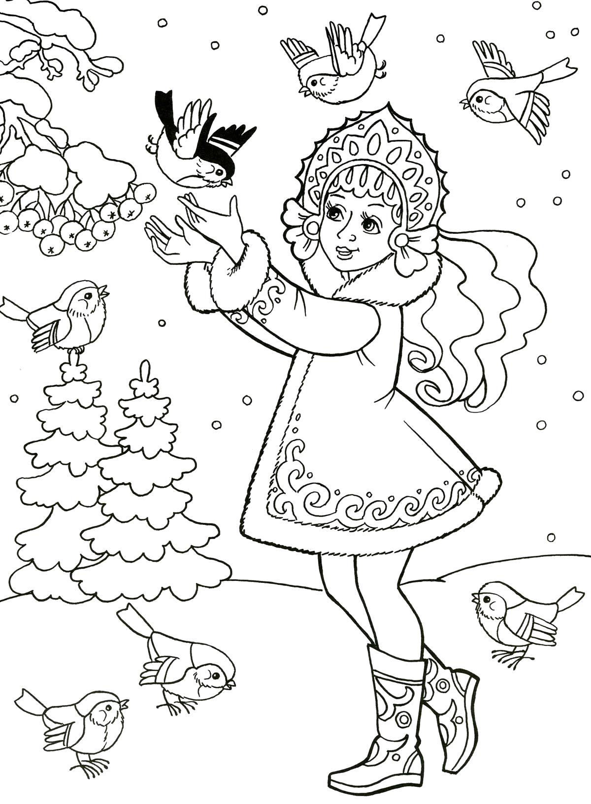 Раскраски подающий снег, снежинки, снега для детей, для занятий в начальной школе  Снегурочка кормит птиц в зимнем лесу