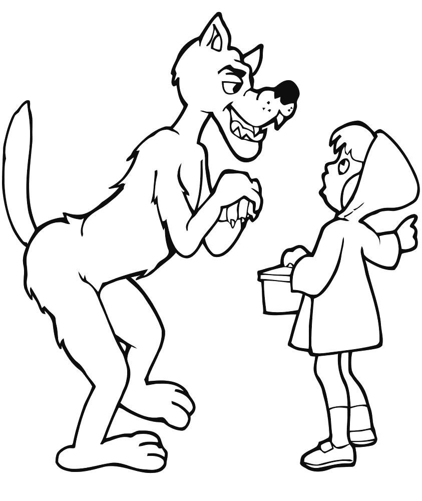 Раскраски для мальчиков и девочек по мультфильму красная шапочка  разговаривает с волком