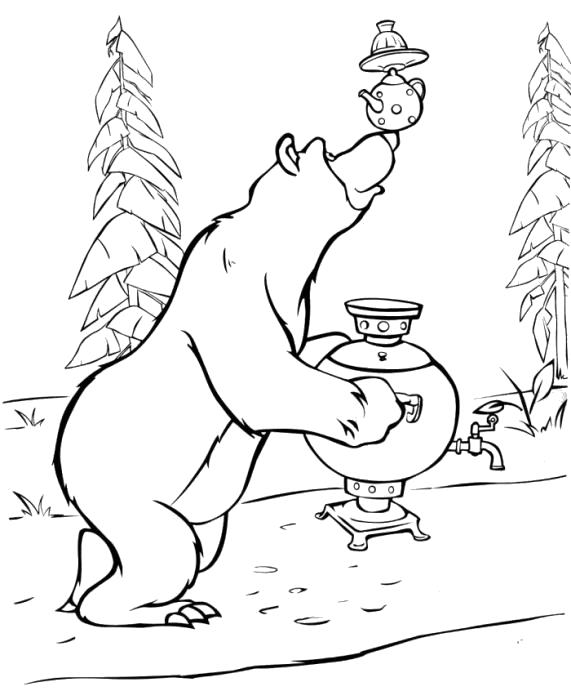 Раскраски для детей про озорную Машу из мультфильма Маша и медведь  мишка цыркач, мишка несет самовар, 