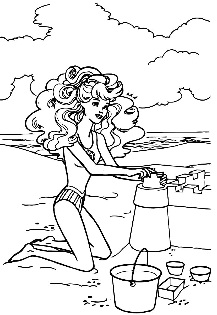 Раскраски с барби по серии мультфильмов  для девочек  Барби на пляже