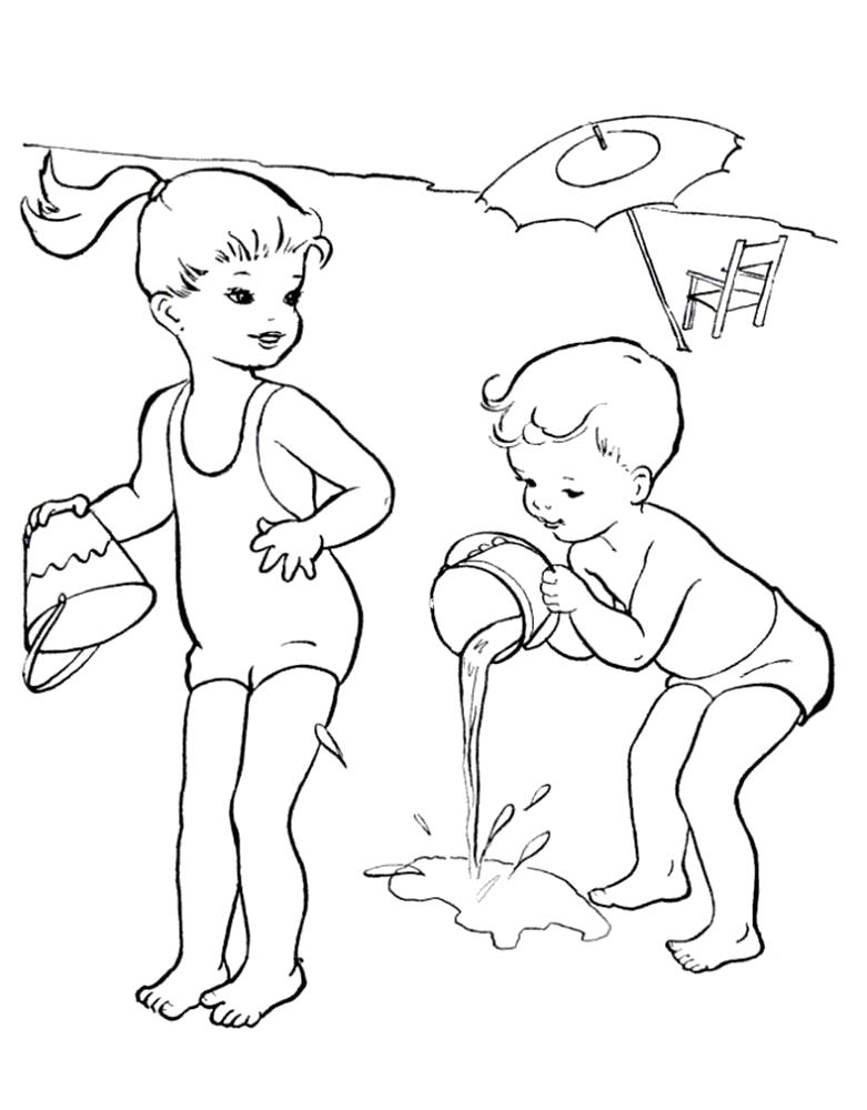Летние раскраски для детей   мальчик поливает из ведра, девочка с ведром