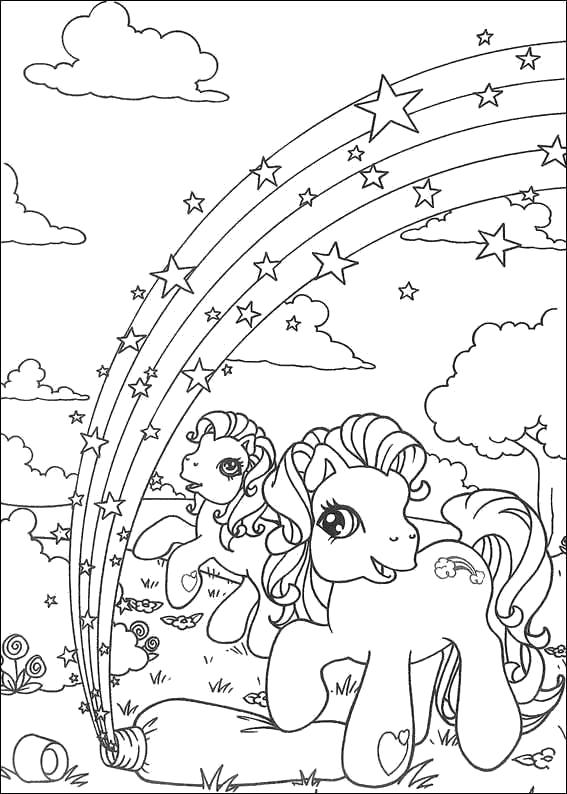 Раскраски с пони из мультика дружба это чудо, май литл пони, добрые раскраски для малышей  две пони и радуга со звездами