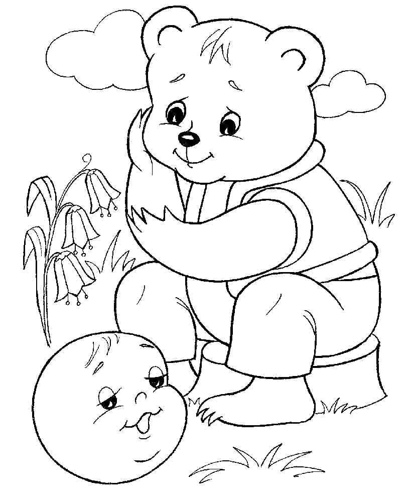 Раскраски про колобка для самых маленьких  медведь с колобком