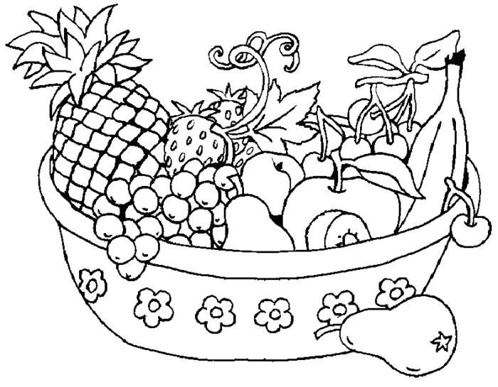 раскраски фрукты яблоки бананы груши персики виноград  Фрукты в посуде. Натюрморт