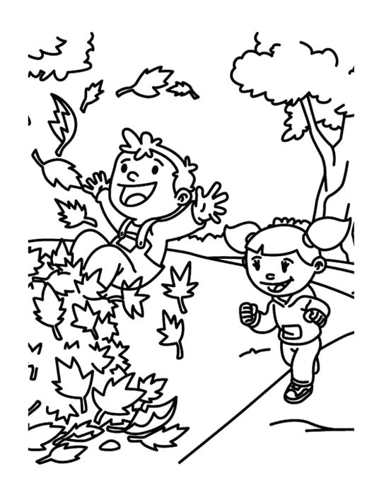 Мальчик и девочка играют в осенних листьях  Раскраски осень для малышей, раскраски для детей, раскраски для школьников и подростков