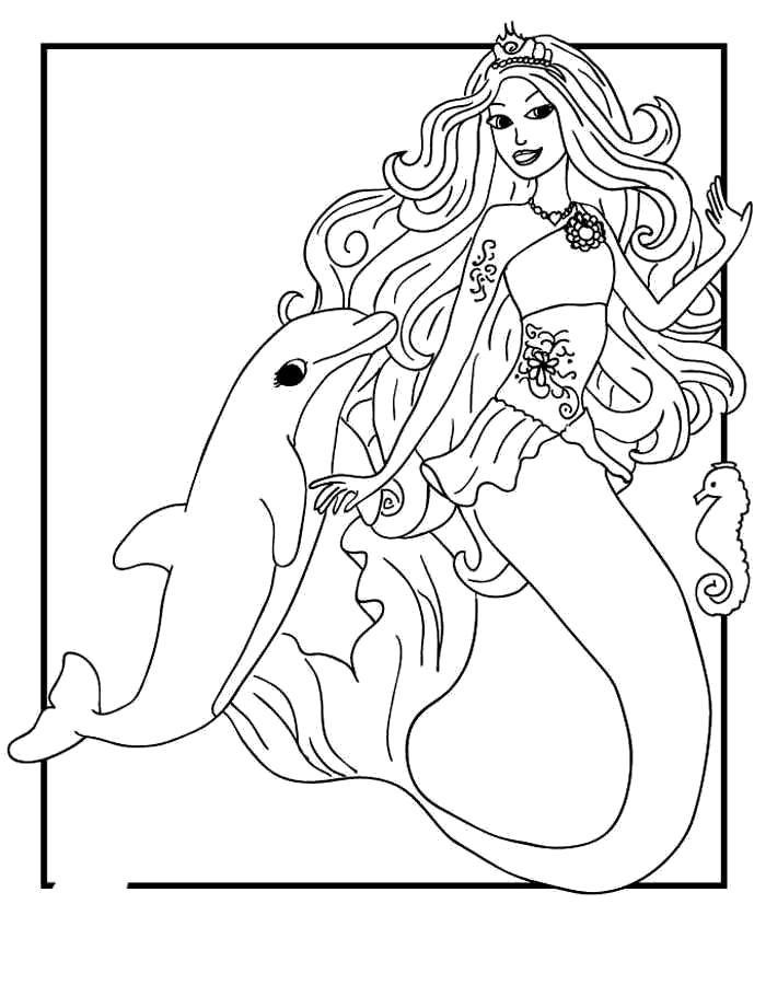 Раскраски с барби по серии мультфильмов  для девочек  барби русалка с дельфином