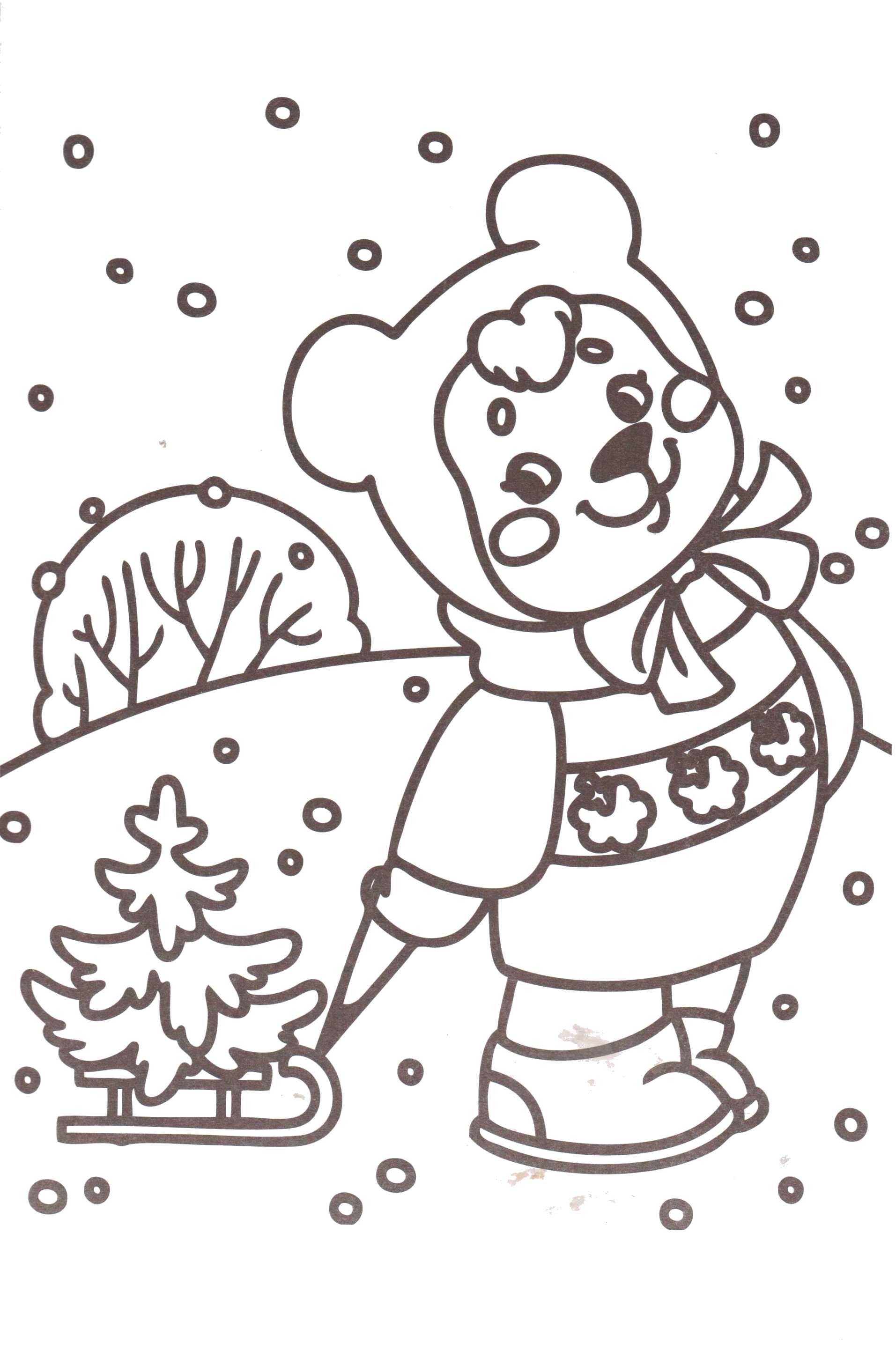 Раскраски подающий снег, снежинки, снега для детей, для занятий в начальной школе  зайчик везет елку,  снег,  зайчик в зимней одежде