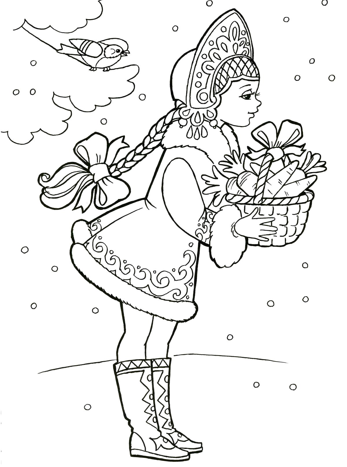 Раскраски подающий снег, снежинки, снега для детей, для занятий в начальной школе  снегурочка с подарками