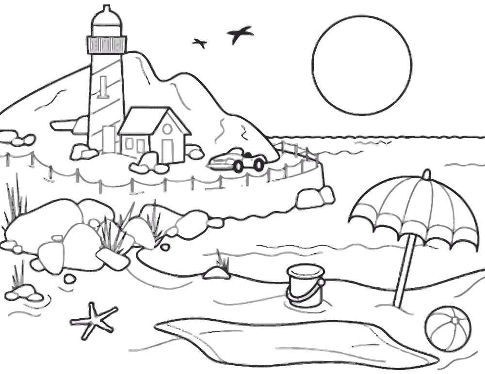 Раскраски время года лето  маяк и отдых на берегу около маяка