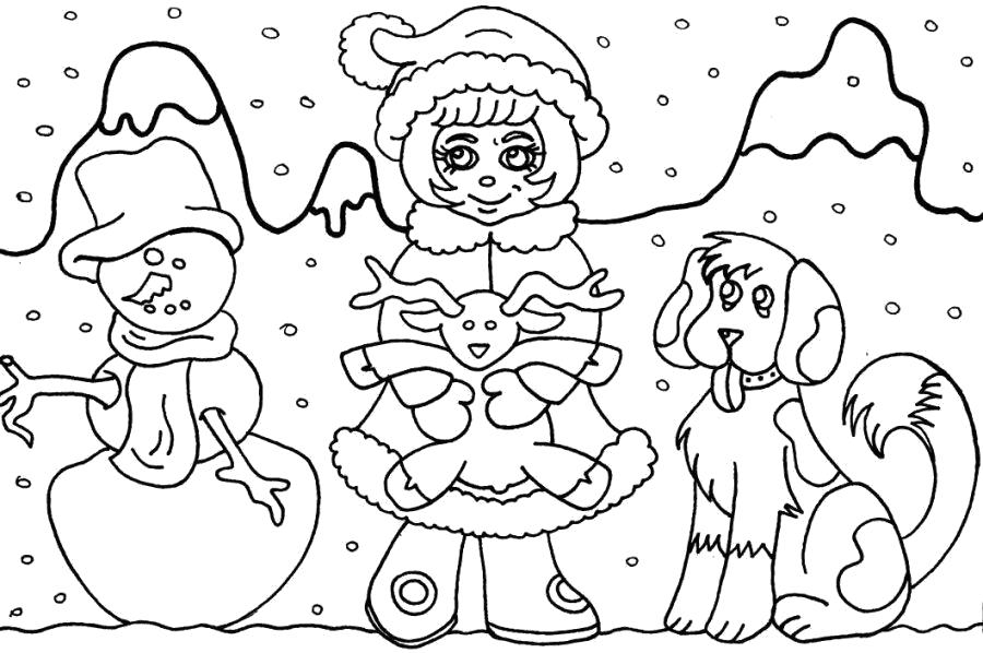 Раскраски подающий снег, снежинки, снега для детей, для занятий в начальной школе  девочка играет, собака, снеговик