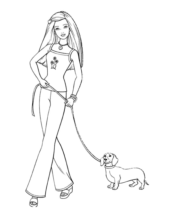 Раскраски с барби по серии мультфильмов  для девочек  Раскраски Барби гуляет с собакой