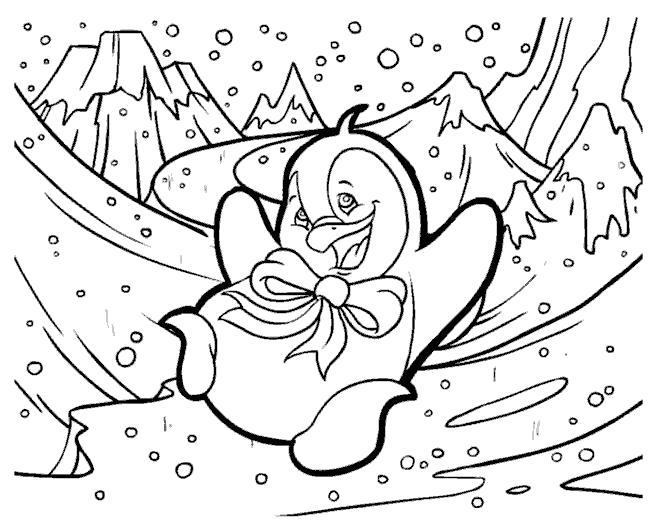 Раскраски подающий снег, снежинки, снега для детей, для занятий в начальной школе  снег, пингвиненок, радостный пингвин, пингвин катается с горки