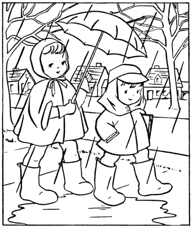  Дети под дождем в резиновых сапогах