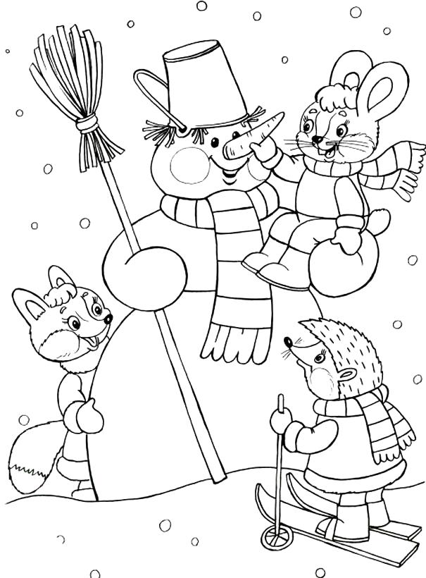 Раскраски подающий снег, снежинки, снега для детей, для занятий в начальной школе  снеговик и его друзья, ежик катается на лыжах, зайчик сидит у снеговика,  