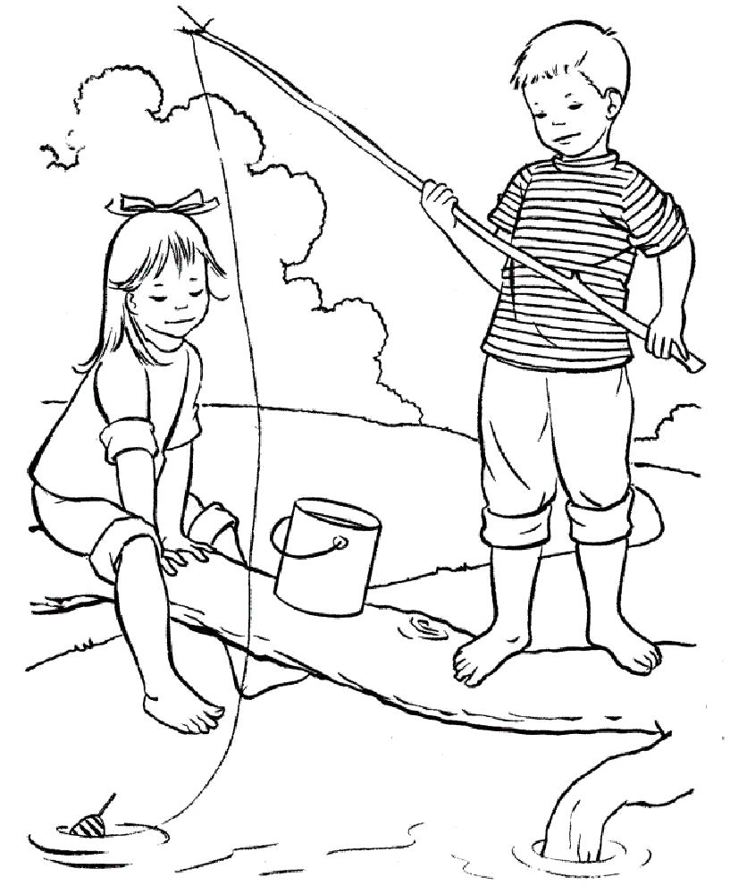  Раскраска лето. мальчик и девочка ловят рыбу
