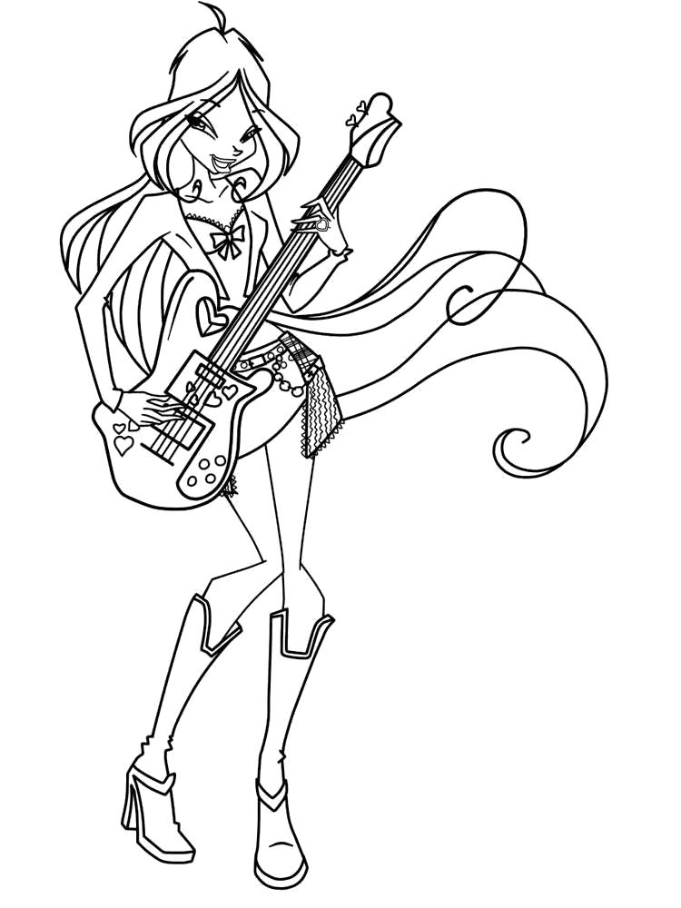 Раскраски для девочек по мультфильму Винкс   Флора с гитарой