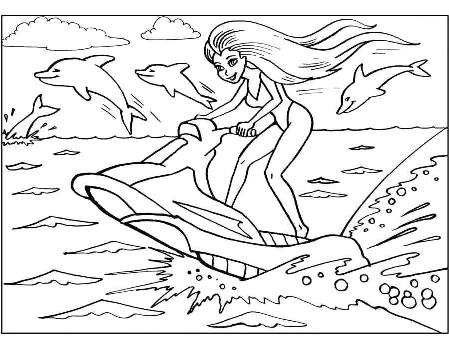 Раскраски с барби по серии мультфильмов  для девочек  Раскраски Барби катается на гидроцикле