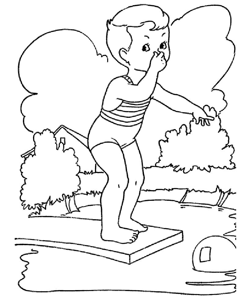 Раскраски время года лето  мальчик прыгает с трамплина в басеин