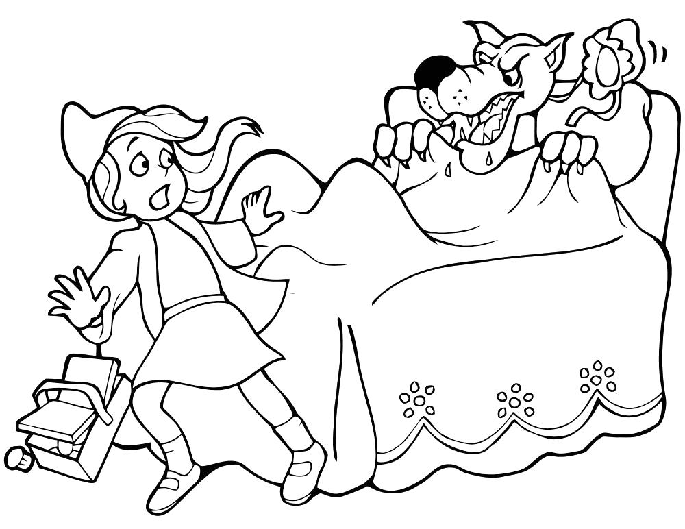 Раскраски для мальчиков и девочек по мультфильму красная шапочка  волк представился бабушкой