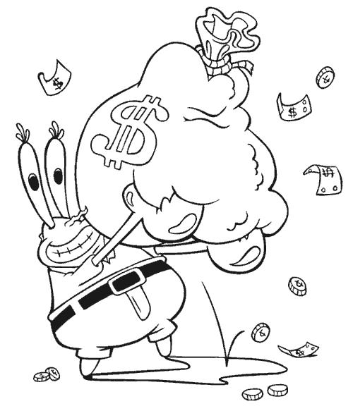 Раскраски Спанч Боб для малышей  Мистер Крабс обожает деньги