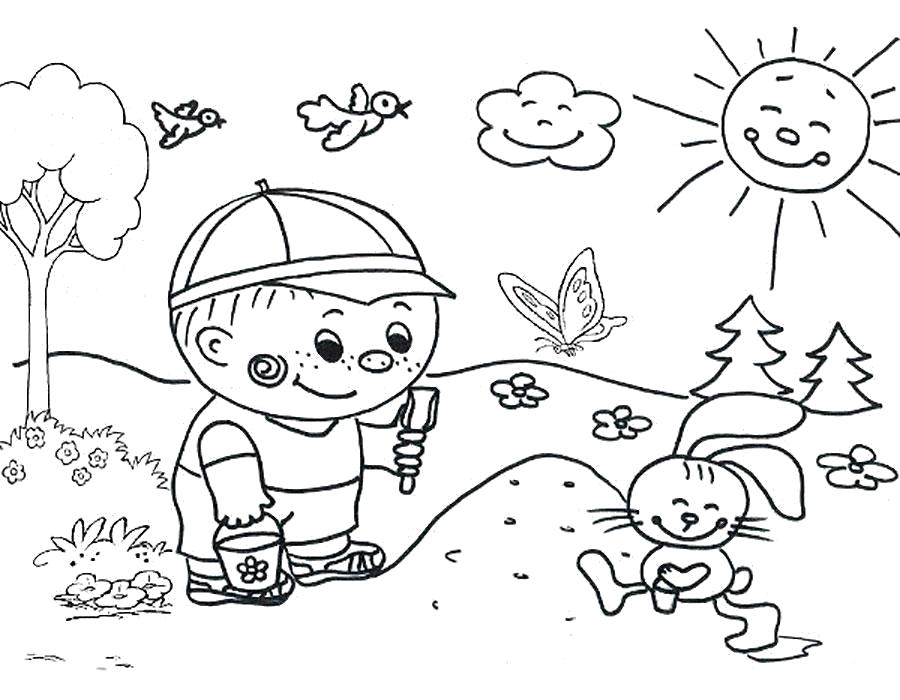 Летние раскраски для детей   мальчик играет в песочнице с зайчиком