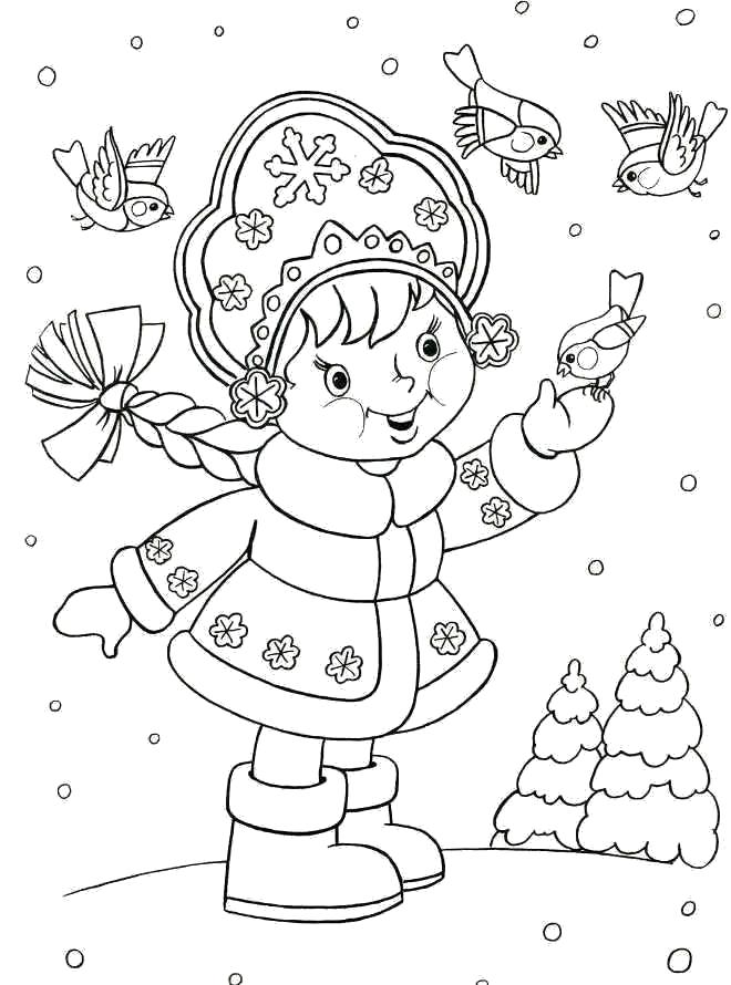 Раскраски подающий снег, снежинки, снега для детей, для занятий в начальной школе  Снегурочка кормит птиц