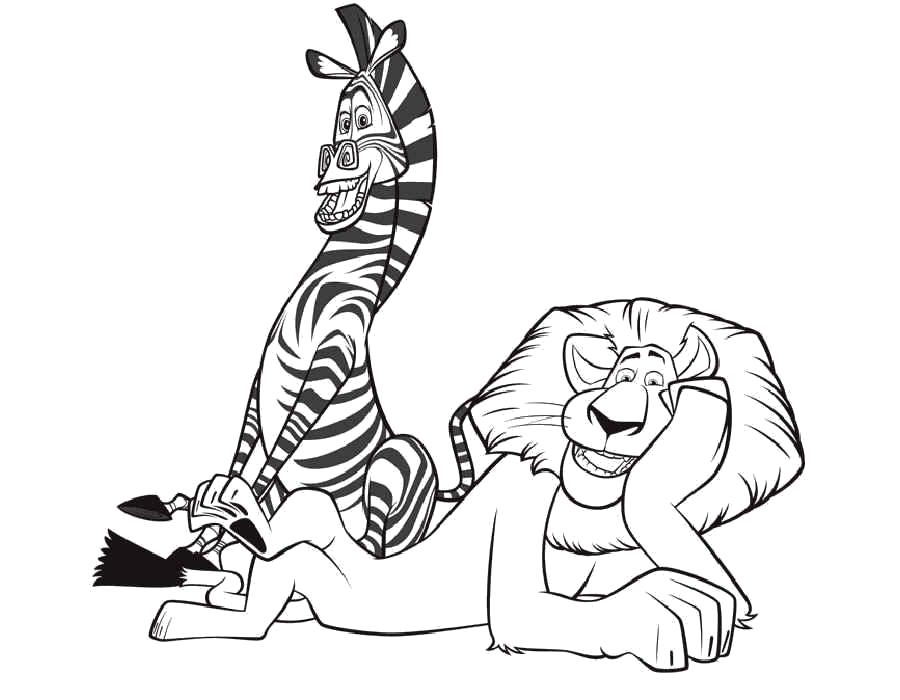 Раскраски Мадагаскар, смешные и весёлые раскраски про животных для детей.  зебра и лев