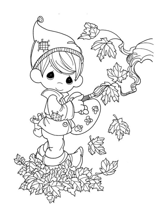 Художник Ребенок раскрашивает листья