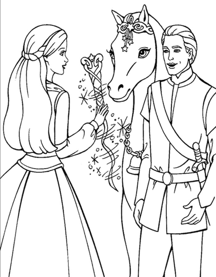 Раскраски с барби по серии мультфильмов  для девочек  Раскраски Барби и кен с лошадью