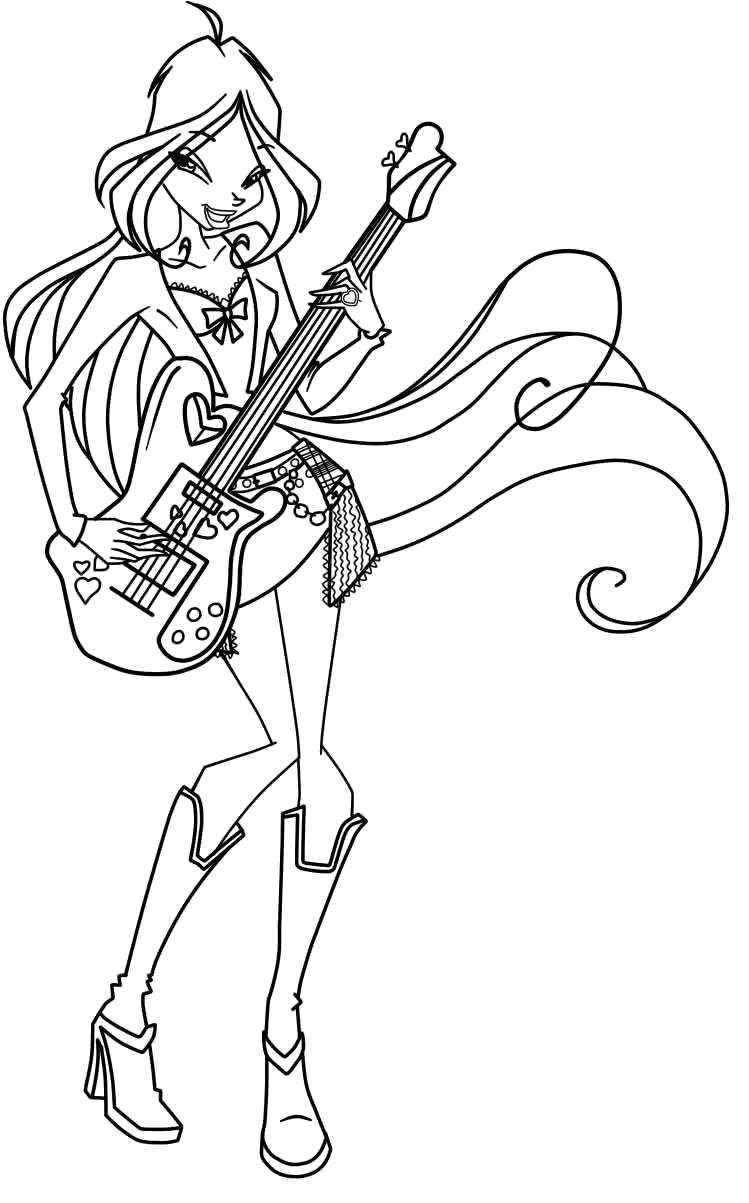 Раскраски для девочек по мультфильму Винкс  Флора с гитарой