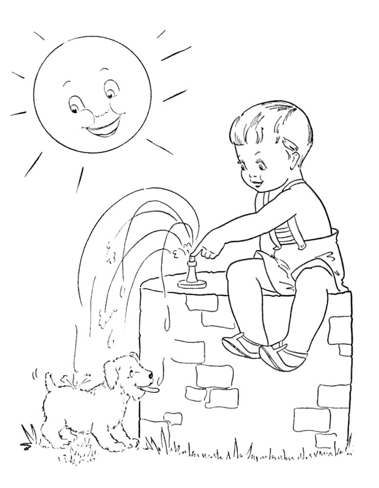 Летние раскраски для детей   мальчик сидит на колонке, мальчик купает собачку, мальчик и собака, мальчик и щенок, мальчик поливает водой щенка, щенок купается