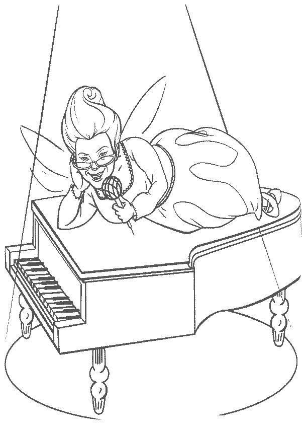 Раскраски с фея по зарубежным мультфильмам для детей  крестная мама поет, крестная фея лежит на пианино. 