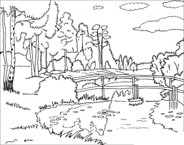мост  Раскраски с природой, раскраски река для детей, раскраски для школьников и подростков