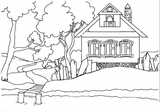 домик  Раскраски с природой, раскраски река для детей, раскраски для школьников и подростков