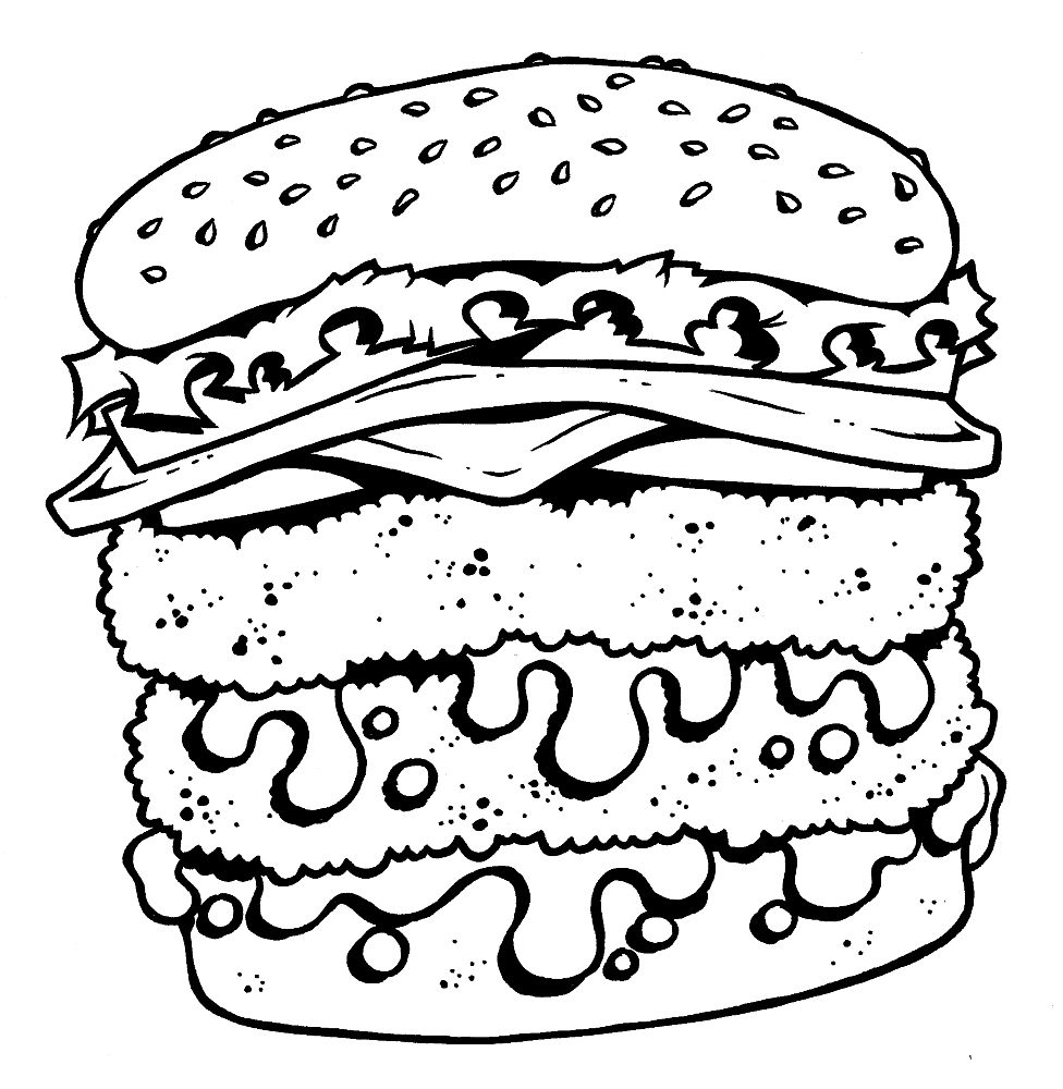 Раскраски на тему еда. Данная подкатегория включает в себя раскраски на тему фаст фуд, вредная пища. Рскраски с бургерами, сэндвичами, пиццей, хот догами.    