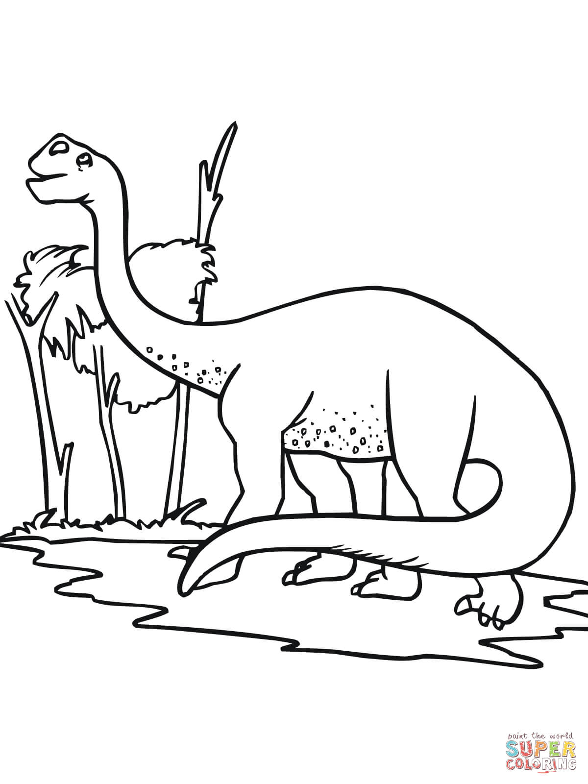 Раскраска динозавра с длинной шеей Бронтозавр динозавр с длинным хвостом и длинной шеей. Скачать раскраску онлайн и распечатать