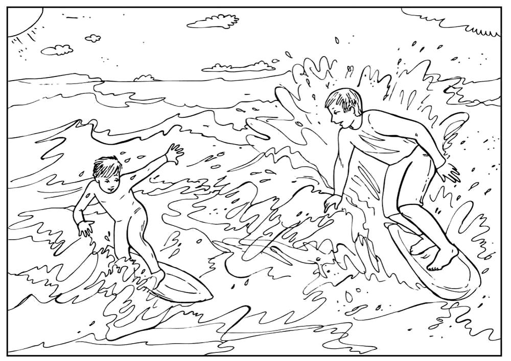  раскраски на тему серфинг для детей и взрослых. Интересные раскраски для мальчиков и девочек. Море, доска для серфинга, волны, пляж          