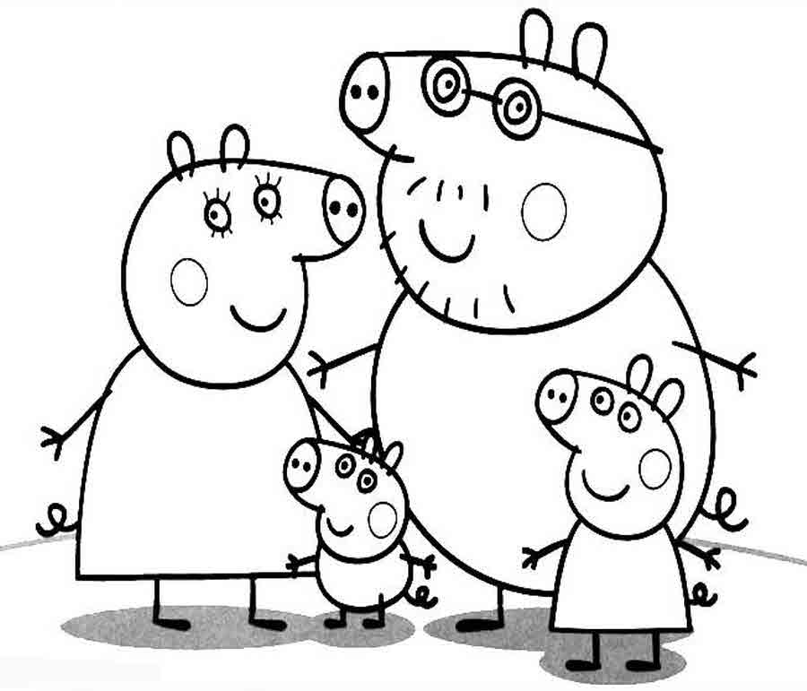 Раскраски с изображением свинки Пеппы и членов ее семьи .    Раскраски со свинкой Пеппой . Раскраски для самых маленьких . Раскраски для мальчиков и девочек с изображением свинки Пеппы и членов ее семьи . Раскраски для детей