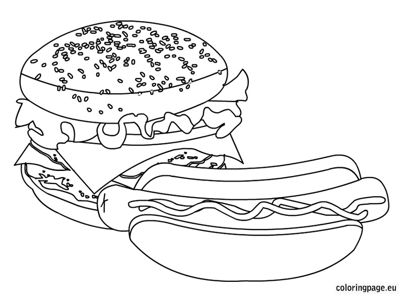 Раскраски на тему еда. Данная подкатегория включает в себя раскраски на тему фаст фуд, вредная пища. Рскраски с бургерами, сэндвичами, пиццей, хот догами.    