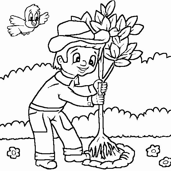 «Дети сажают деревья» бесплатная раскраска для детей - мальчиков и девочек