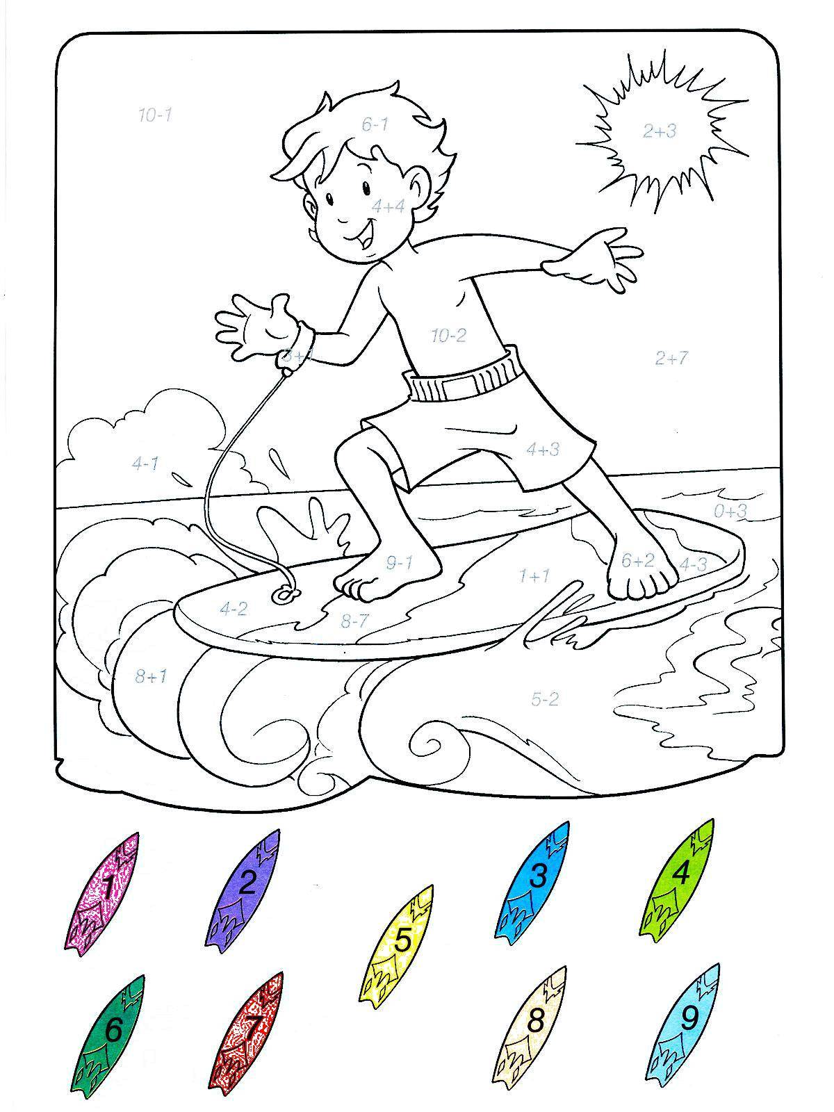  раскраски на тему серфинг для детей и взрослых. Интересные раскраски для мальчиков и девочек. Море, доска для серфинга, волны, пляж          