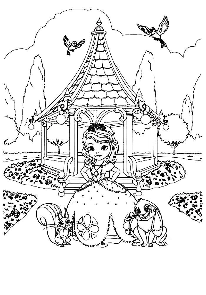 Раскраски с принцессой Софией для девочек. Раскраски из мультфильмов про принцесс  Раскраска принцесса София с животными возле беседки